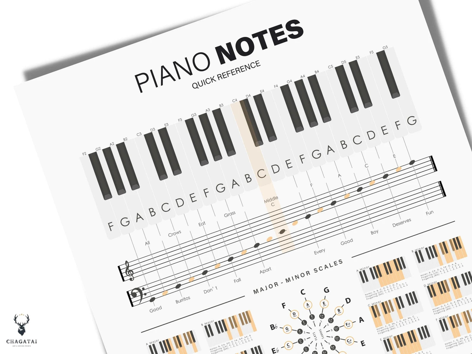 Piyano Nota ve Skala Posteri - Temel Müzik Bilgileri Hızlı Kılavuzu