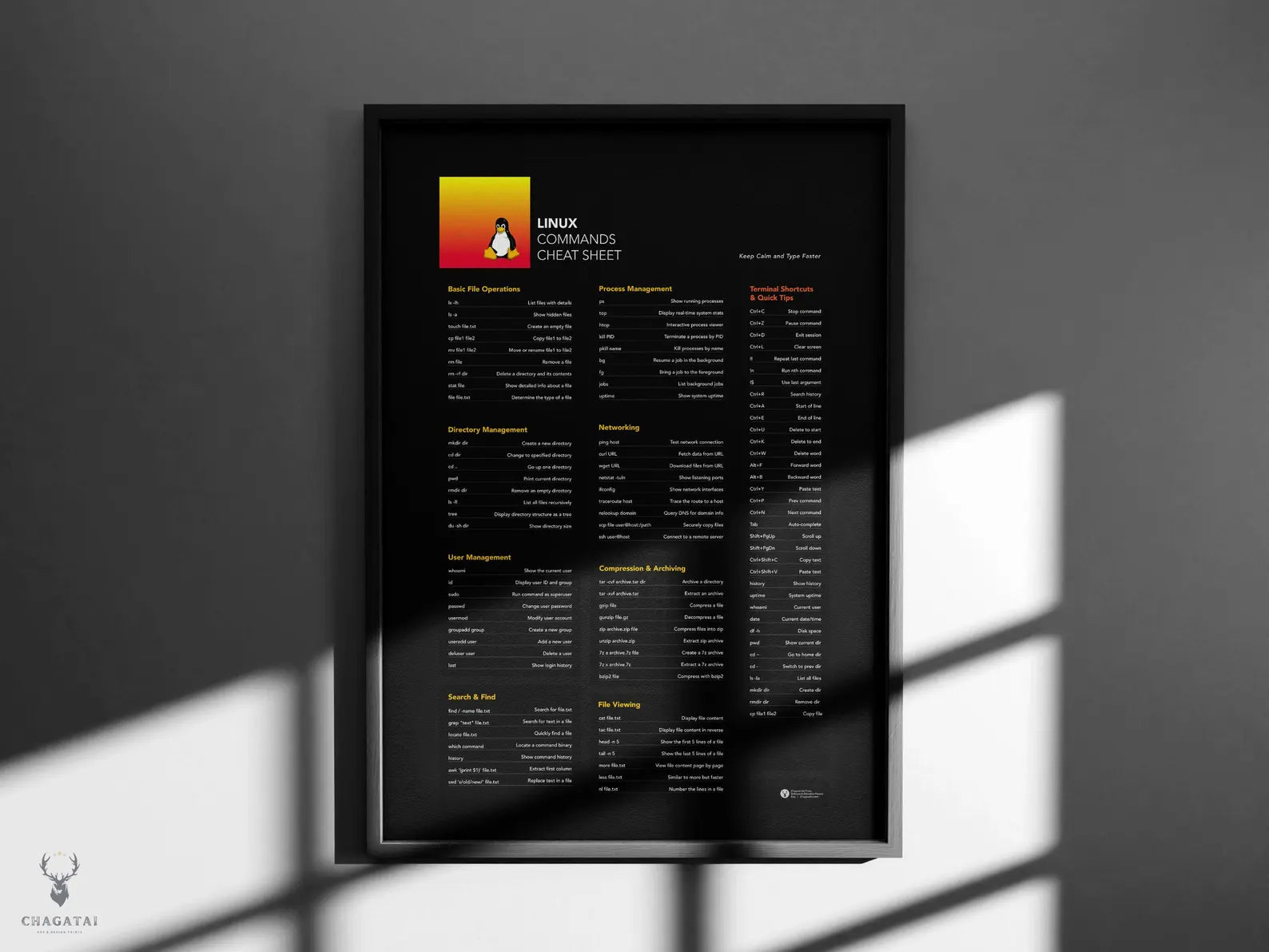 Linux Terminal Komutları Posteri - Temel Komut Satırı Referans Kılavuzu