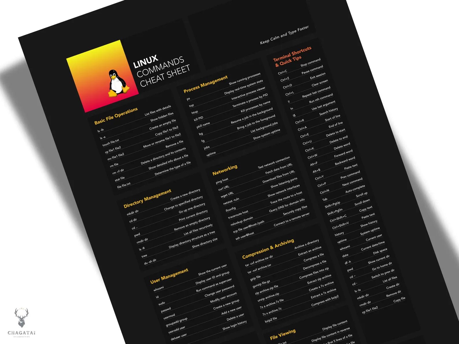 Linux Terminal Komutları Posteri - Temel Komut Satırı Referans Kılavuzu