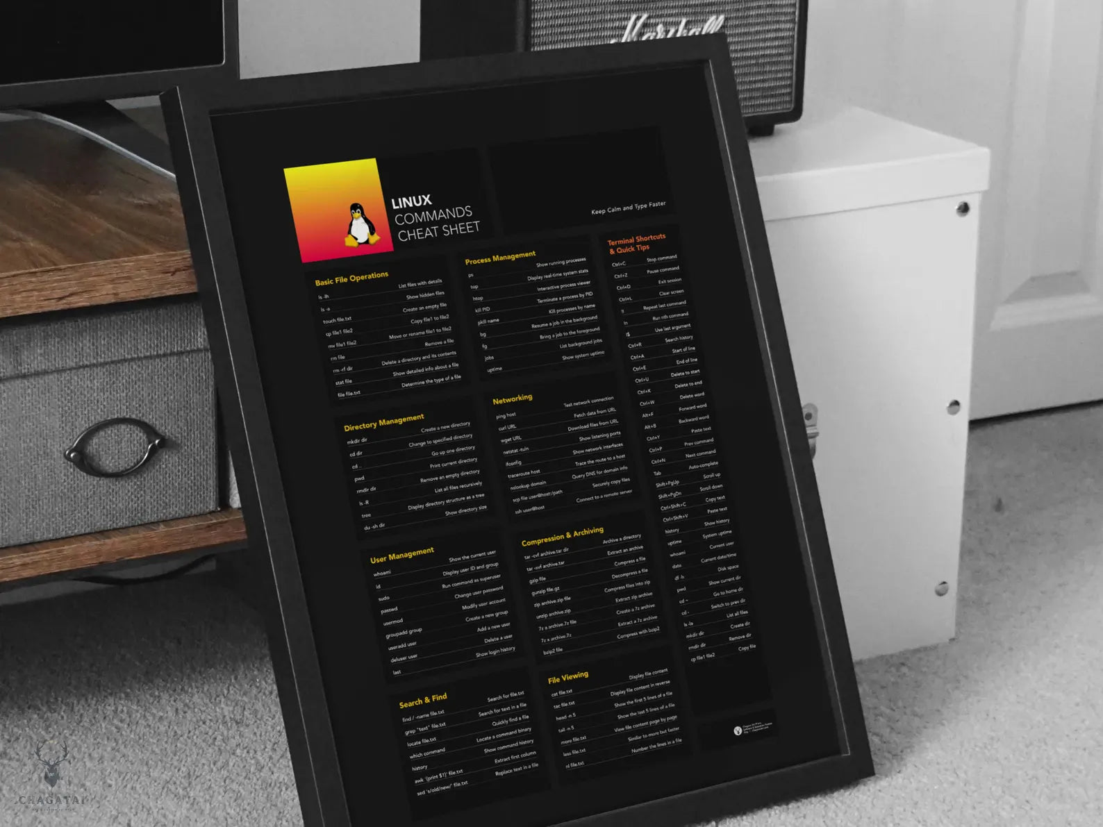 Linux Terminal Komutları Posteri - Temel Komut Satırı Referans Kılavuzu